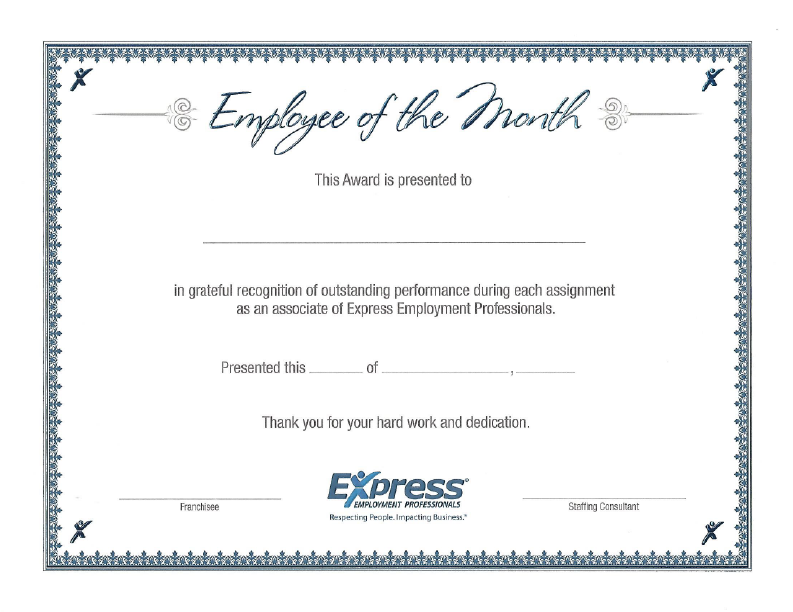 Express Marin County Associate of the Month Certificate